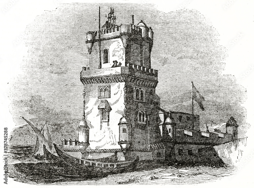 Belem Tower, Portugal. Old single high edifice fronting the sea. Ancient engraving style art by unidentified author, The Penny Magazine, London 1837 Belem Tower, Portugal. Old single high edifice fronting the sea. Ancient engraving style art by unidentified author, The Penny Magazine, London 1837