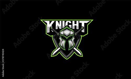 Knight helmet and sword logo emblem