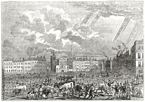 Photography Old outdoor overall view of busy Smithfield cattle market, London