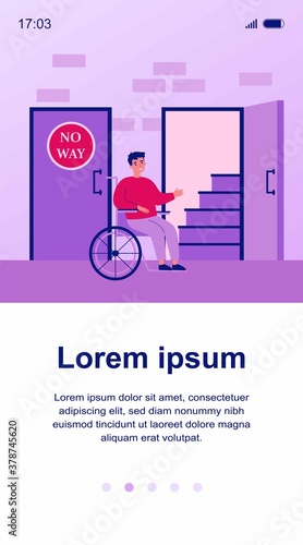 Handicapped man in wheelchair looking at staircase. Help, restriction, inability flat vector illustration. Social problem and assistance concept for banner, website design or landing web page