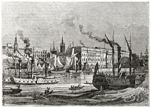 Old outdoor view of the Custom house, London, from Thames crossed by several merchant boats. Ancient engraving style art by unidentified author, The Penny Magazine, London 1837 photo