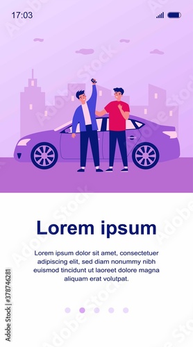 Happy guys celebrating buying car. Friends, car rent, car sharing flat vector illustration. Driving, urban transport, automobile concept for banner, website design or landing web page