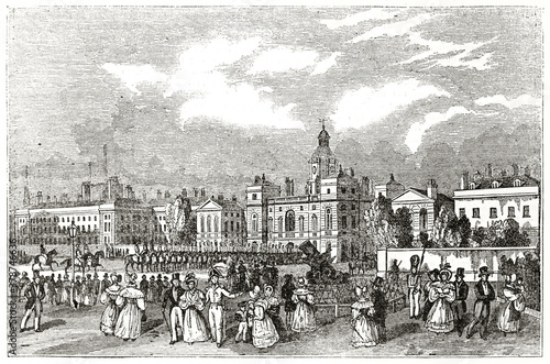Old Horse Guards Parade and old admiralty, London, on big outdoor square with buildings on background. Ancient engraving style art by unidentified author, The Penny Magazine, London 1837 photo