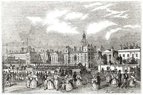 Old Horse Guards Parade and old admiralty, London, on big outdoor square with buildings on background. Ancient engraving style art by unidentified author, The Penny Magazine, London 1837