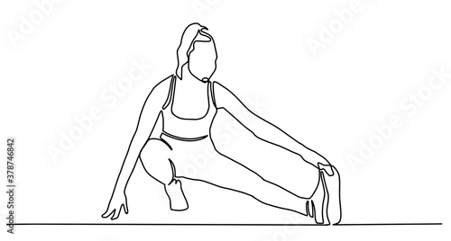 Woman stretching legs fitness. Continuous one line drawing. Vector illustration. Woman stretching her legs and arms on yoga exercise. Energetic girl doing exercise in yoga continuous one line drawing