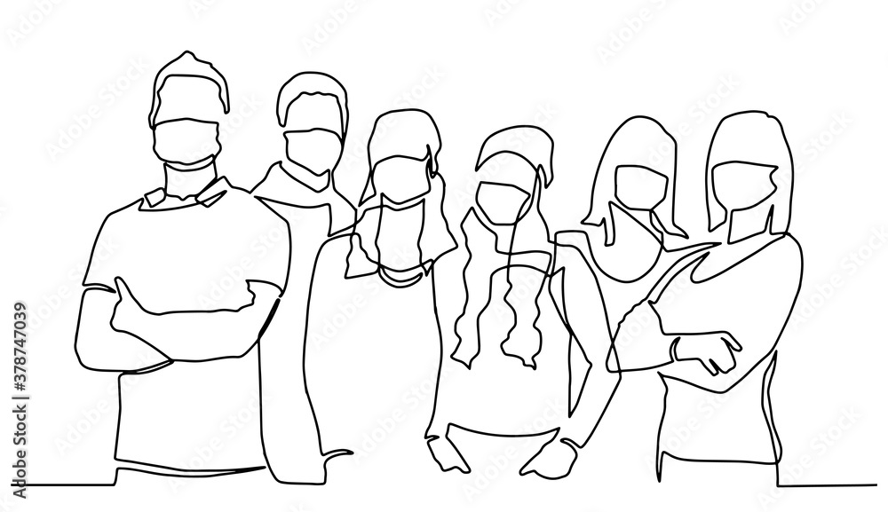 Group of people wearing surgical mask to prevent virus infection. Continues one line drawing. Group of people continuous one line vector drawing. Family, friends hand drawn characters. Covid-19