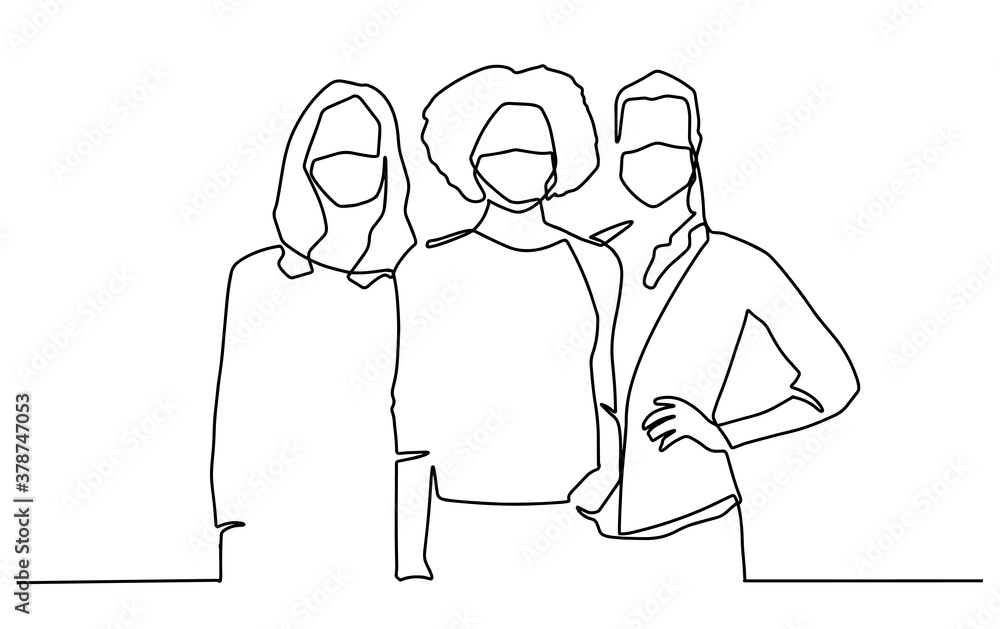 Group of people wearing surgical mask to prevent virus infection. Continues one line drawing. Group of people continuous one line vector drawing. Family, friends hand drawn characters. Covid-19 Group of people wearing surgical mask to prevent virus infection. Continues one line drawing. Group of people continuous one line vector drawing. Family, friends hand drawn characters. Covid-19