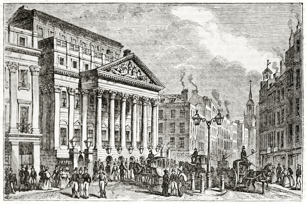London monumental mansion House and the front crowdy street with people, carriages and buildings. Ancient engraving grey tone art by unidentified author, The Penny Magazine, London 1837