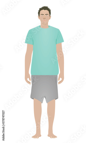 White male boy in blue t shirt and grey shorts standing. vector