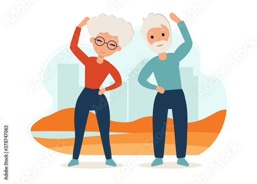 Senior couple goes in for sports on the street. Yoga practice. Vector illustration in flat style. Old man and woman are active outdoor