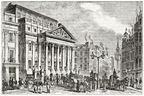 London monumental mansion House and the front crowdy street with people, carriages and buildings. Ancient engraving grey tone art by unidentified author, The Penny Magazine, London 1837 photo
