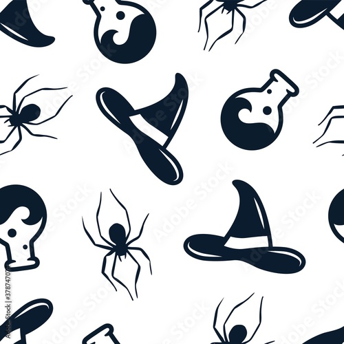 Pattern with spider  halloween witch hat  flask