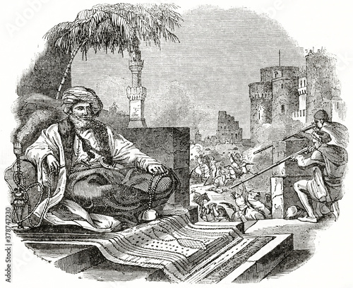 Muhammad Ali witnessing the massacre of the Mamluks, smoking hookah in seated his arabian dresses. Ancient engraving grey tone art by unidentified author, The Penny Magazine, London 1837 photo