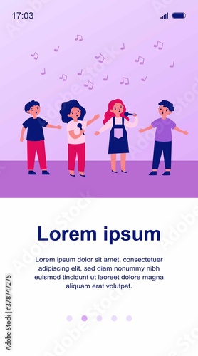 Group of children singing song with microphones. Kids attending music school  singing in church choir. Vector illustration for kids musical band  performance  talent show concept