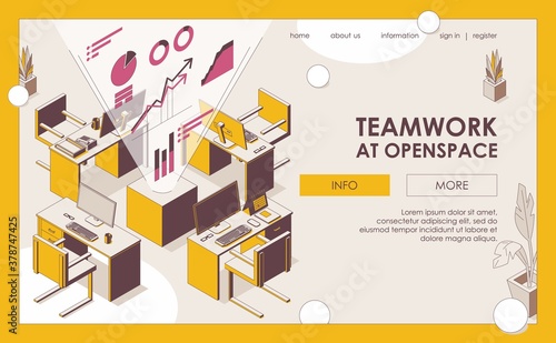 Teamwork at openspace office isometric landing page template. Outline tables and chairs, monoblock pc and accessories, charts and diagrams. Vibrant yellow and pink colors