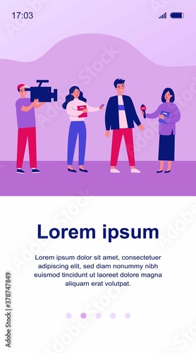 Female journalists with microphones interviewing man. Operator shooting reporters conversation with male character. Vector illustration for news, reportage, mass media concept