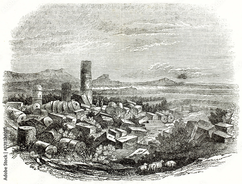 Greek columns ruins group on Selinunte ground, Sicily, fronting large landscape. Ancient engraving grey tone art by unidentified author, The Penny Magazine, London 1837