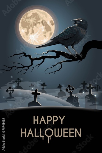 Halloween card with raven on the graveyard