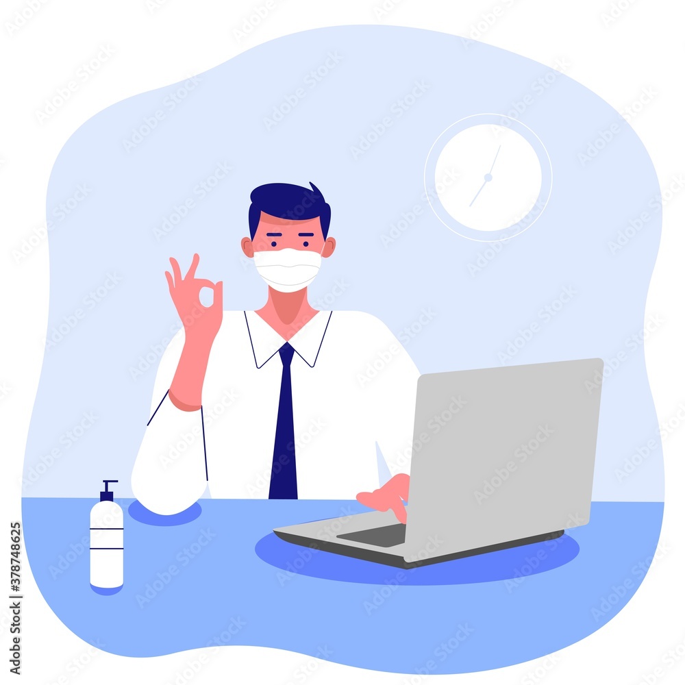 Characters Wearing Medical Masks Working on a laptop in the office or home during Covid19 Quarantine Self Isolation. Business People Freelancers Work on Pc. Characters Wearing Medical Masks Working on a laptop in the office or home during Covid19 Quarantine Self Isolation. Business People Freelancers Work on Pc.