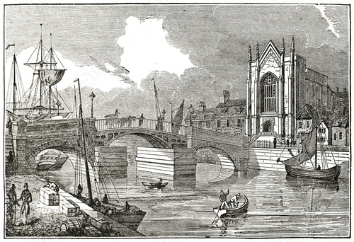 Old view of New Bridge and Holy Trinity church, Weymouth, U.K.. By unidentified author, publ. on The Penny Magazine, London, 1837