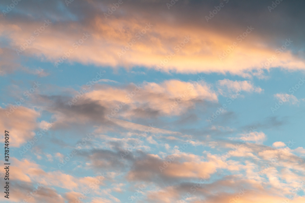 beautiful blue sky with clouds, nature background, film grain noise effect
