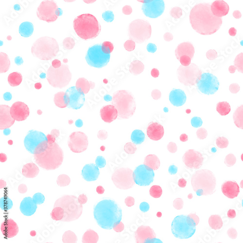 Watercolor seamless pattern. Aquarelle circles in pastel colors. Pink and blue stains on white background. Digital illustration