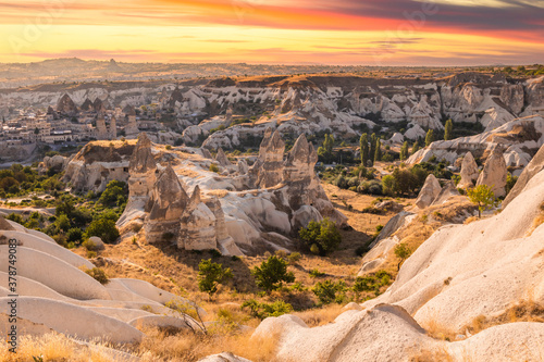 Rocky landscape in Cappadocia at sunset, Turkey. Travel in Cappadocia