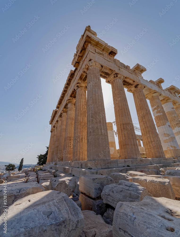 Parthenon the famous ancient Greek temple standing on Acropolis of Athens hill, extremely low perspective view