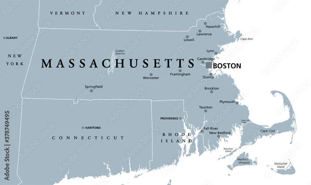 Stan Usa Ze Stolicą W Montgomery Obraz Massachusetts, szara mapa polityczna ze stolicą w Bostonie