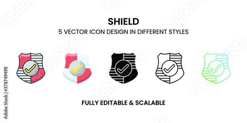 Shield vector icon in colored outline, flat, glyph, line and gradient