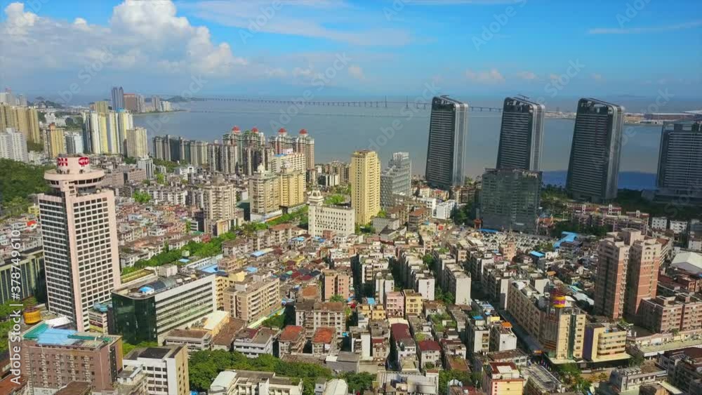 zhuhai city sunny day famous hotel construction bay aerial view 4k china zhuhai city sunny day famous hotel construction bay aerial view 4k china