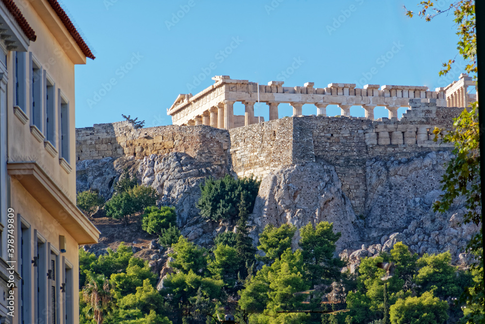 Fototapeta Athens Greece, street view to Parthenon temple on Acropolis hill