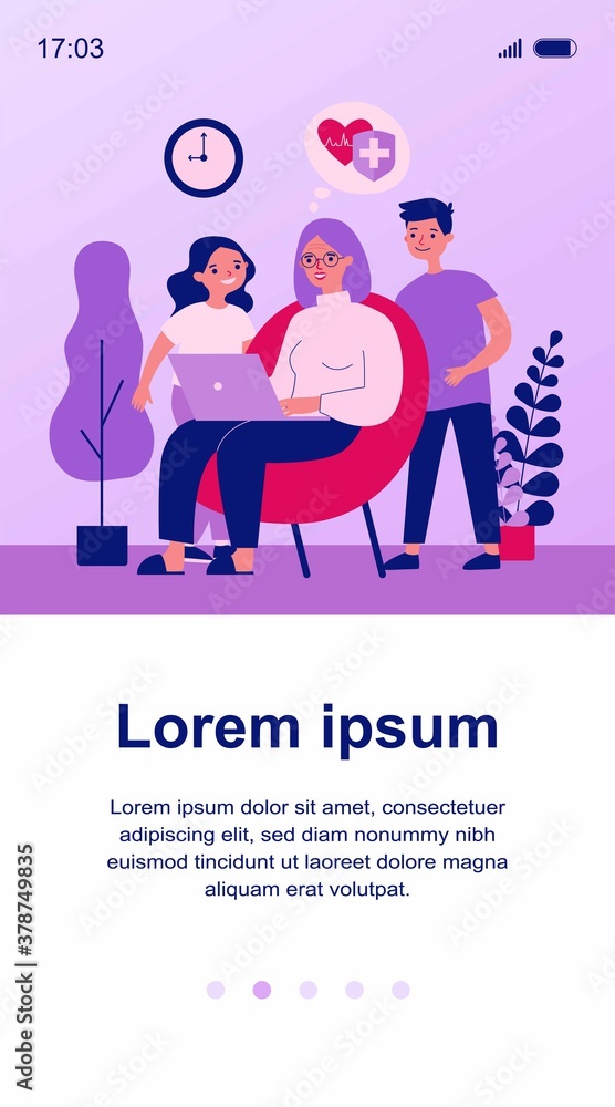 Grandma and children reading data on cardiology. Woman sitting in armchair, using computer flat vector illustration. Technology and health concept for banner, website design or landing web page