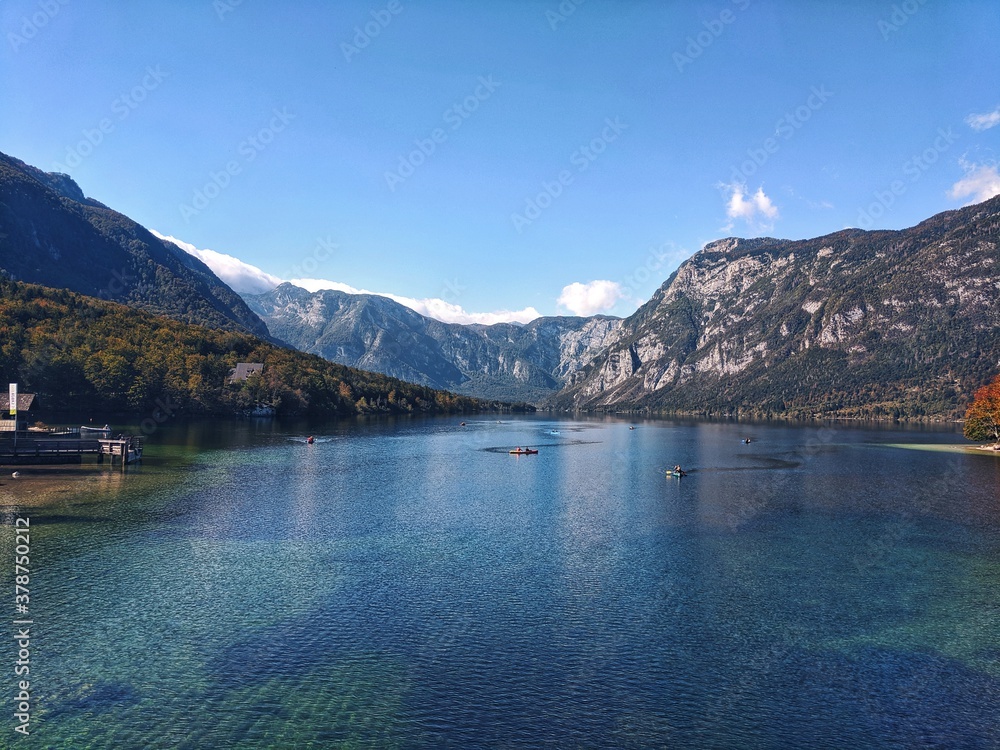 Scenic view of beautiful mountains landscape and Bohinj Lake