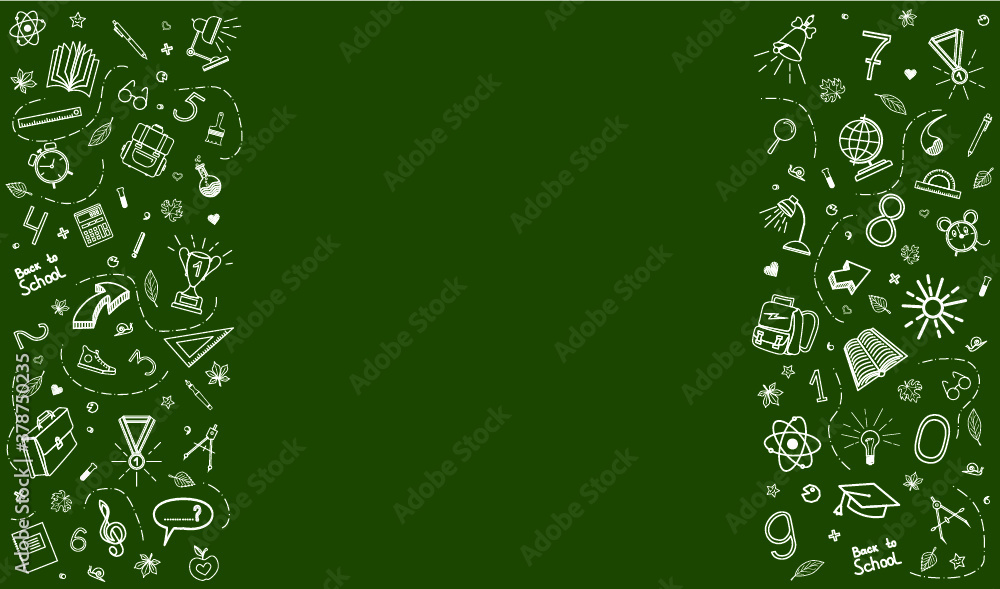 Vector illustration with school icons. School icons on a green blackboard background. Empty space for the label. Vector illustration with school icons. School icons on a green blackboard background. Empty space for the label.