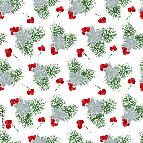 Seamless Christmas pattern with spruce branches and berries. Winter vector background.