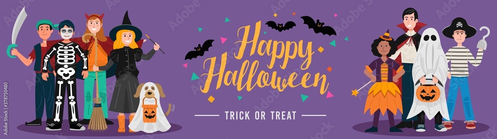 Halloween party background, Kids in Halloween costumes. Vector Halloween party background, Kids in Halloween costumes. Vector