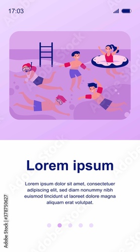 Happy children in swimming pool isolated flat vector illustration. Cartoon kids in swimwear playing in water with friends. Summer activity and vacation concept