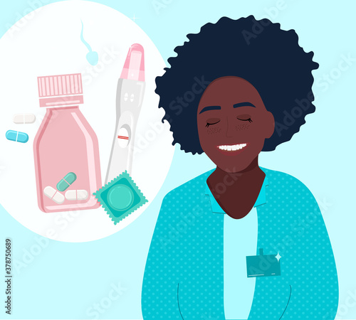 Afro american female doctor smiling and advertises obstetrics in clinic.Birth control pills,pregnancy test,oral contraception.Template with instruments,baby planning.Young gynecologist in medical gown