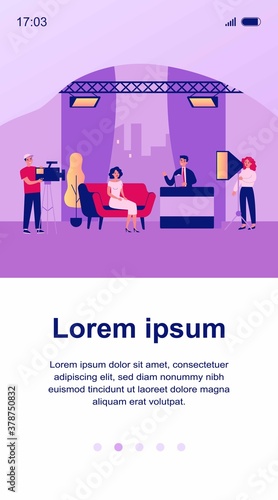 Female host on TV studio show isolated flat vector illustration. Cartoon camera crew shooting interview with person. Broadcasting and television concept