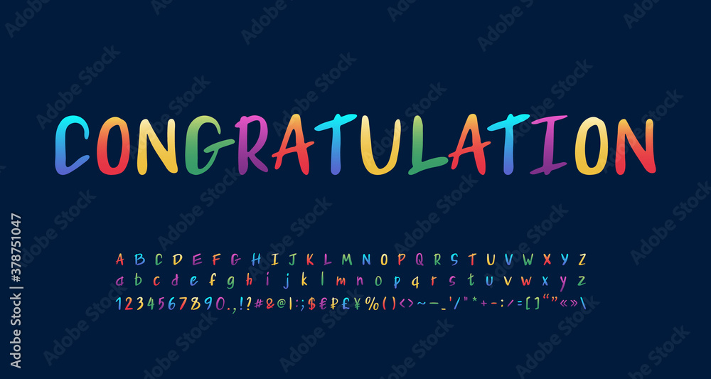 Multicolored handwritten alphabet paint brush font rainbow bright gradient colors. Uppercase and lowercase letters, numbers, marks, symbols. Vector illustration Multicolored handwritten alphabet paint brush font rainbow bright gradient colors. Uppercase and lowercase letters, numbers, marks, symbols. Vector illustration