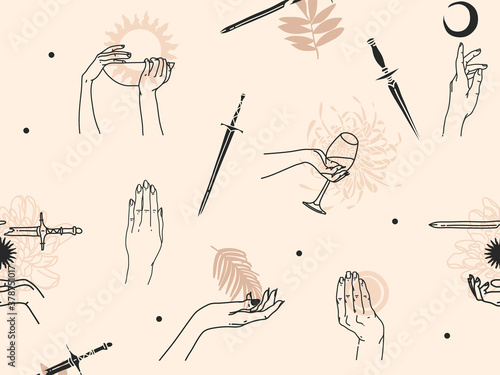 Hand drawn vector abstract flat stock graphic icon illustration sketch seamless pattern with human  mystic occult hands and simple collage shapes isolated on color background