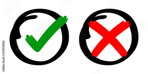 check mark sign yes or no with stripes brush hand drawn, checkmark cross or right tick choice for vote, accept or x icon graphic red green for voting isolated on white, handwritten concept