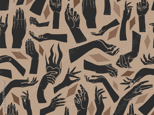 Hand drawn vector abstract flat stock graphic icon illustration sketch seamless pattern with human mystic occult hands and simple shapes collage shapes isolated on color background
