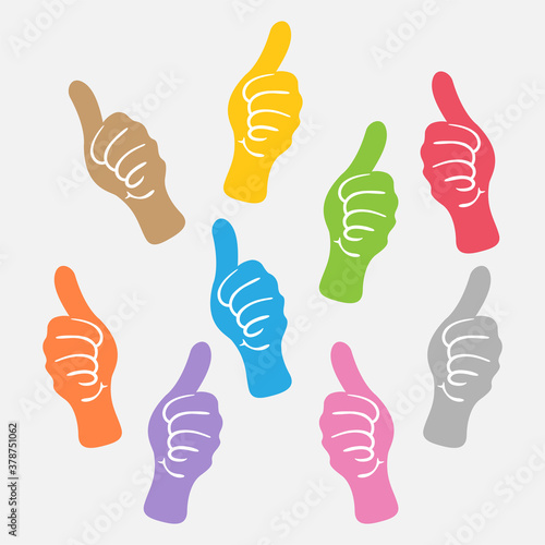 hand thumbs many, like and show hand thumb symbol, thumb up for ok, approve, confirm, yes, best and meeting concept, simple hand thumb colorful