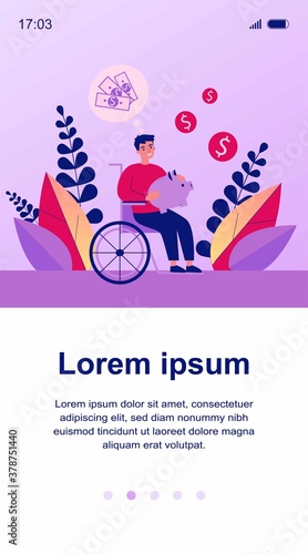 Happy disabled man saving money. Person in wheelchair holding piggy bank and thinking of money flat vector illustration. Disability, finance concept for banner, website design or landing web page
