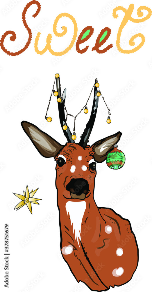 Vector New Year's illustration. Deer in a Santa hat with an inscription. Festive illustration for printing on clothes, prints, postcards, wrapping paper