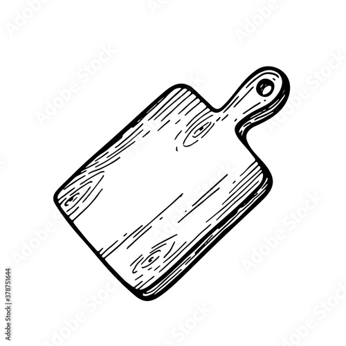 Kitchen tools wooden cutting board. Line art vector illustration isolated on white background. Cooking utensil. Chopping desk vector object for design, labels and logo.