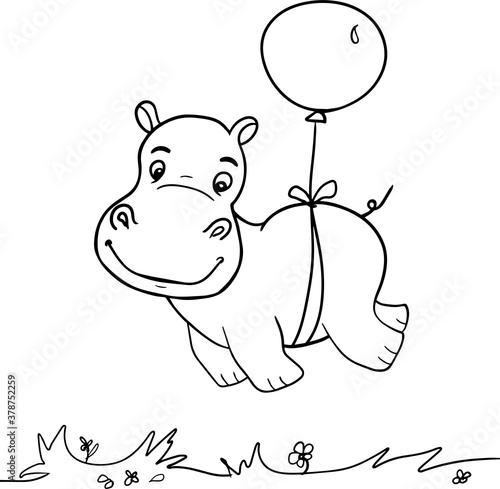 Cute little hippo character. Vector cartoon hippo flying on balloon.Coloring book hippopotamus, african, savannah animal.Can be used for t-shirt print, kids wear, baby shower, nursery.