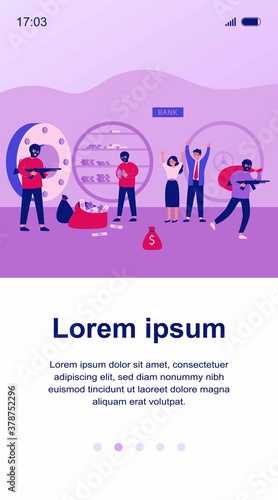 Gangsters and bank workers during robbery. Burglars with gun removing stacks of money from open safe to bags. Flat vector illustration for criminals, finance loss, security, crime concept